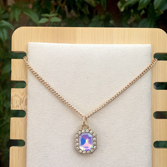Lilac Aurora Borealis Opal Emerald Crystal Halo Pendant Necklace - Picture 7 of 12